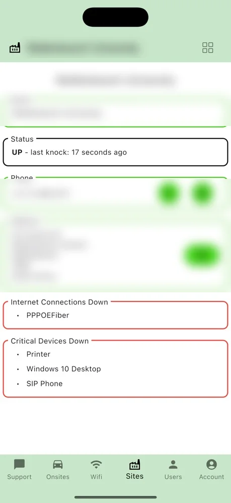 Baseline Interact: live site status showing connections and critical devices that are down